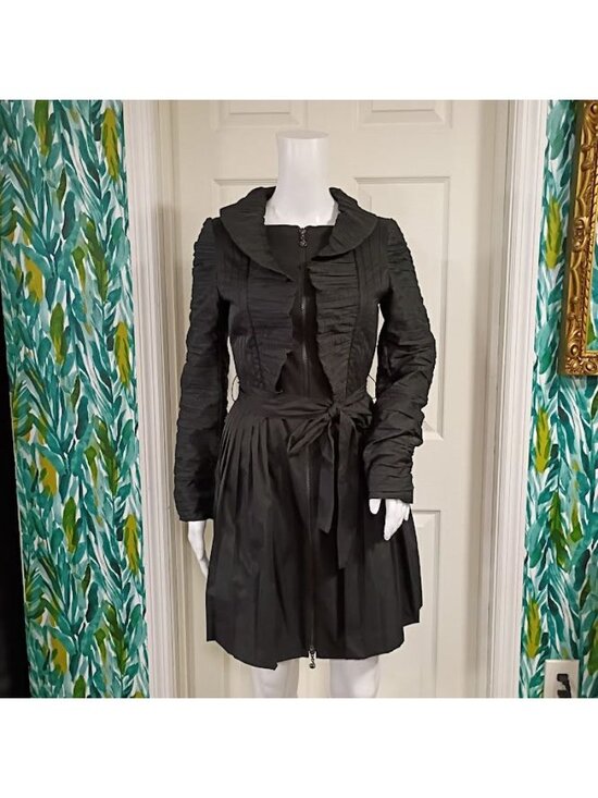 Samuel Dong Black Ruffle Front Long Coat Dress S  Pleated Skirt By Samuel Dong - Picture 13 of 16